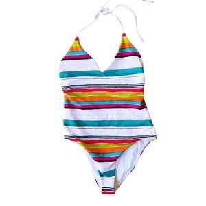 LOFT Beach Swimsuit Size 4 Striped One Piece Halter Shelf Bra V Neck New…